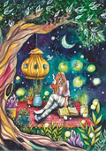 Colorful illustration of a person sitting under a tree with a glowing lantern, surrounded by nature elements.