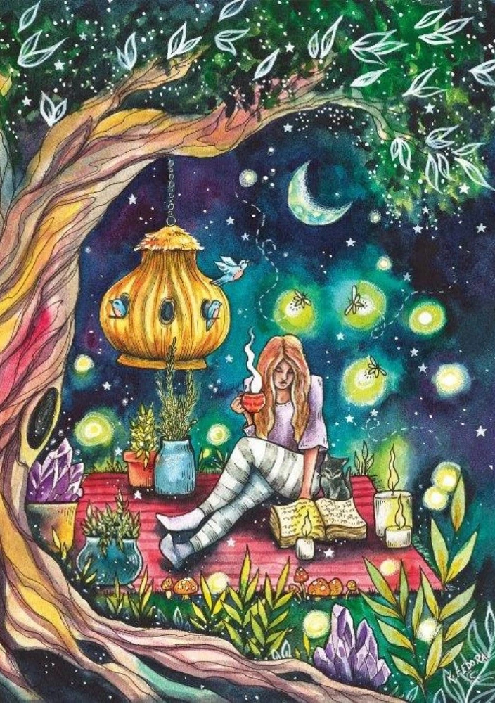 Colorful illustration of a person sitting under a tree with a glowing lantern, surrounded by nature elements.