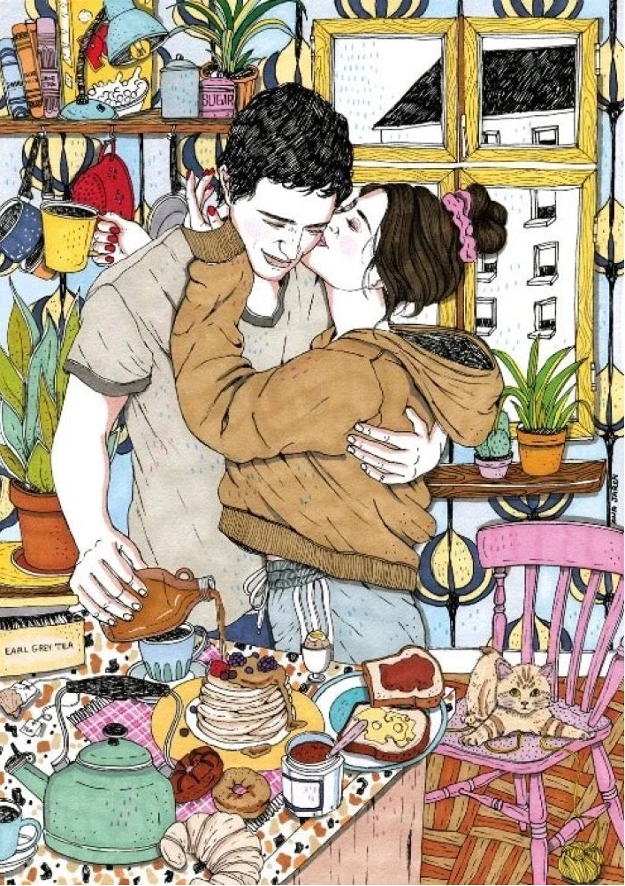 Illustration of a couple embracing in a cozy room with food and a cat.