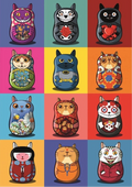 Grid of colorful cat-themed nesting dolls on a multicolored background