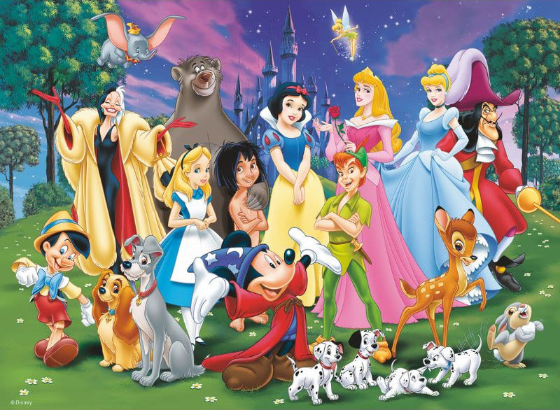 Group of animated characters from Disney films in a colorful setting with a castle in the background.
