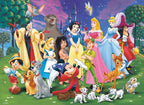 Group of animated characters from Disney films in a colorful setting with a castle in the background.