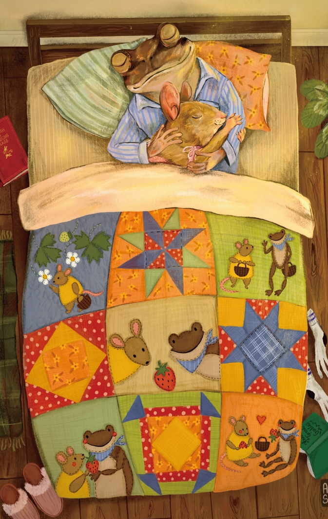 Children's quilt with animal illustrations on a bed. Animal couple frog and mouse cuddling in bed.