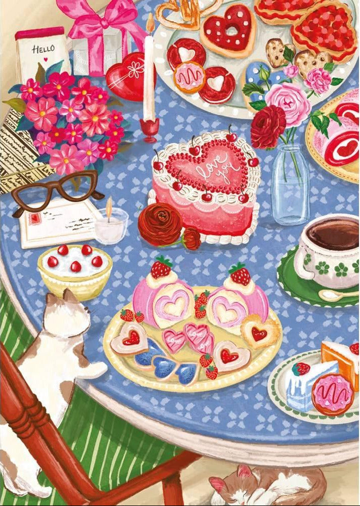Illustration of a table with heart-themed food and flowers, featuring a cat.