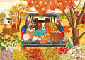 Illustration of a dog in the back of a car with autumn-themed decorations.