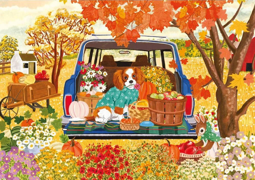 Illustration of a dog in the back of a car with autumn-themed decorations.