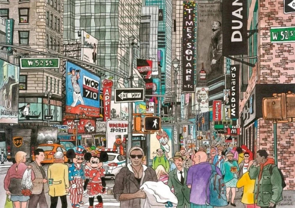 Illustration of a busy city street with people and advertisements, resembling Times Square.
