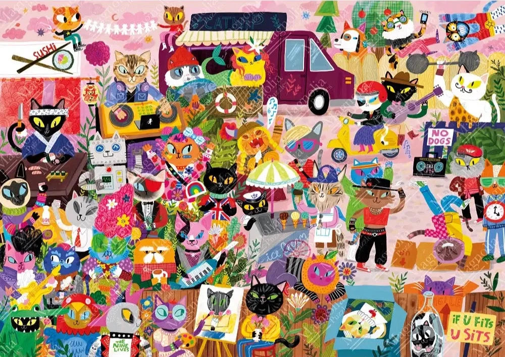 Colorful puzzle with cartoon cats in various poses and outfits on a pink background