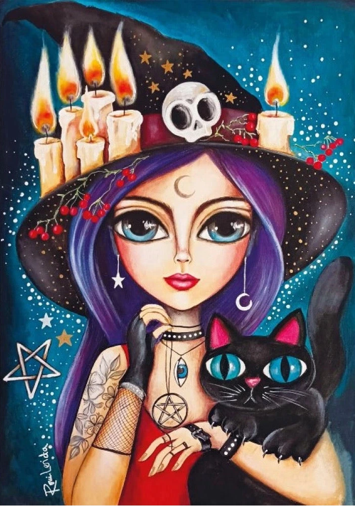Illustration of a witch with purple hair, candles, and a black cat against a starry night sky.