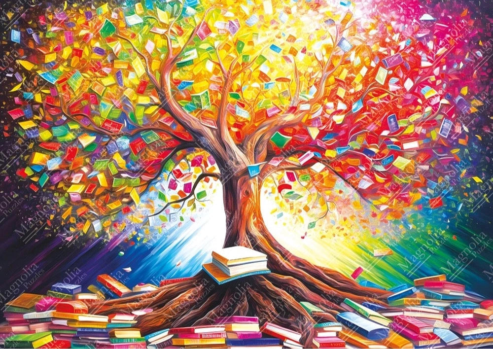 Colorful tree made of books with a bright light at its center