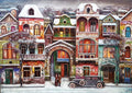 Colorful winter scene with houses and a vintage car on a snowy street