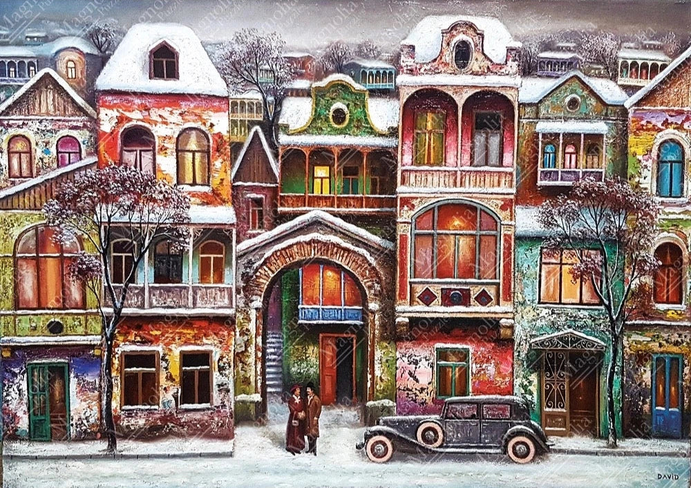 Colorful winter scene with houses and a vintage car on a snowy street