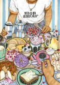 Illustration of a person with 'mon amour' shirt surrounded by various food items and drinks.