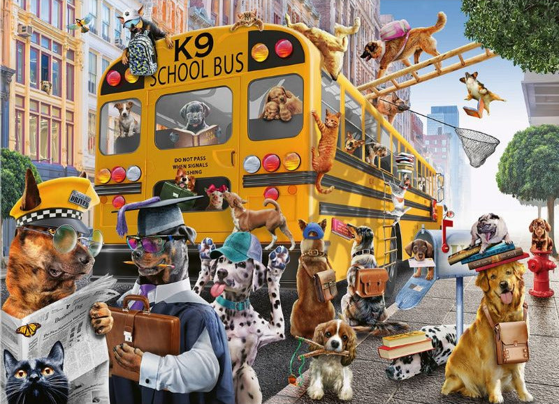 Illustration of a school bus with various animals on a city street background