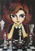 Artistic depiction of a woman with chess pieces on a checkered floor