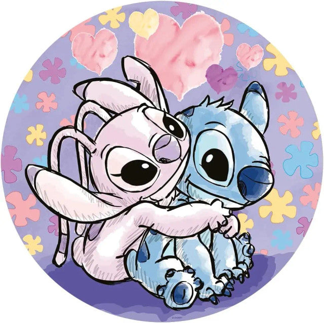 Stitch cartoon characters hugging on a colorful heart and flower patterned background