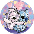 Stitch cartoon characters hugging on a colorful heart and flower patterned background