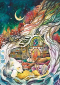 Colorful illustration of a cozy interior with a wolf, books, and a fireplace under a starry sky.