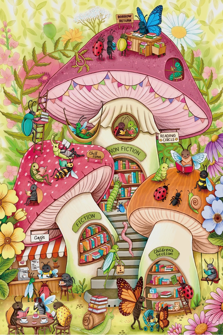 Colorful illustration of a mushroom-shaped library with books and garden elements.