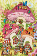 Colorful illustration of a mushroom-shaped library with books and garden elements.