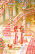 Two witches in pink dresses and hats walking through a decorative garden with flowers and a staircase.