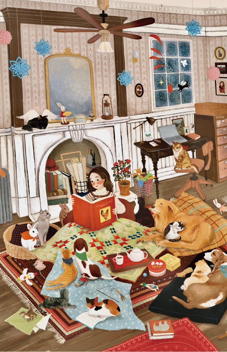 Illustration of a woman reading to her animal friends in a cozy living room.