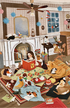 Illustration of a woman reading to her animal friends in a cozy living room.