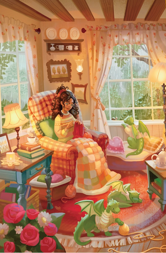 Woman sitting in a cozy room with dragon children, surrounded by books and flowers.
