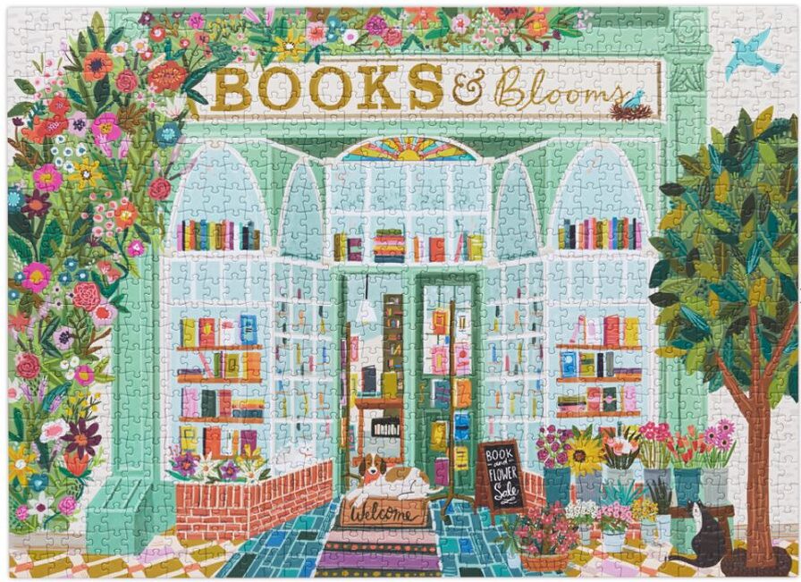 Illustration of a bookshop with books and flowers, titled 'Books & Blooms'.