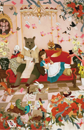 Animals in a living room with Alice in Wonderland and decorative elements