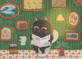 Illustration of a black cat reading a newspaper in a room with green wallpaper and framed pictures.