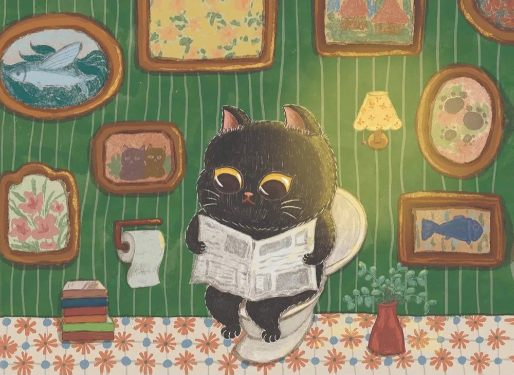 Illustration of a black cat reading a newspaper in a room with green wallpaper and framed pictures.