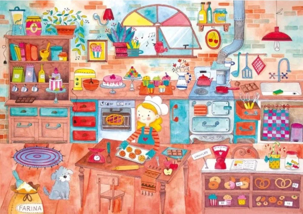 Colorful illustration of a kitchen scene with a child baking.