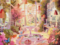 Fantasy garden scene with a woman, butterflies, and colorful houses.