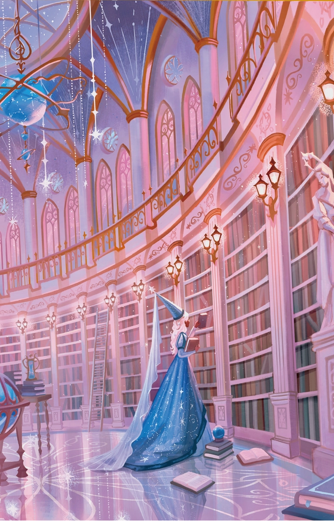 Fantasy scene with a character in a blue dress in a library setting