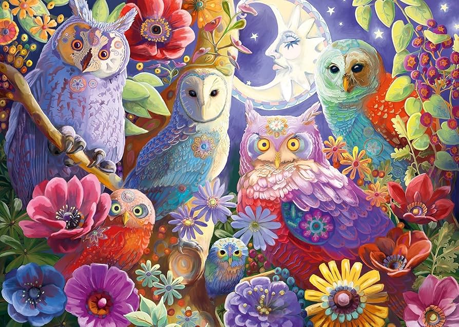 Colorful illustration of owls and flowers with a mystical atmosphere