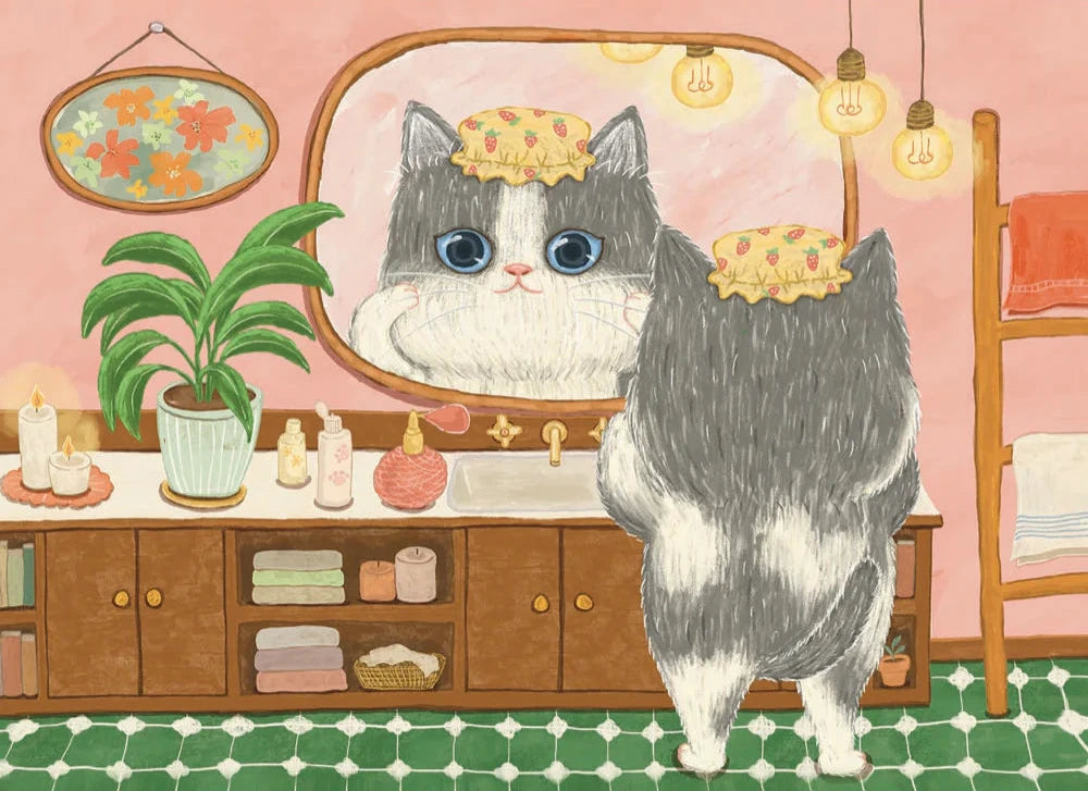 Illustration of a cat in a bathroom with a vanity mirror and various items.