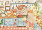 Illustration of a cat in a kitchen with a checkered floor and various kitchen items.