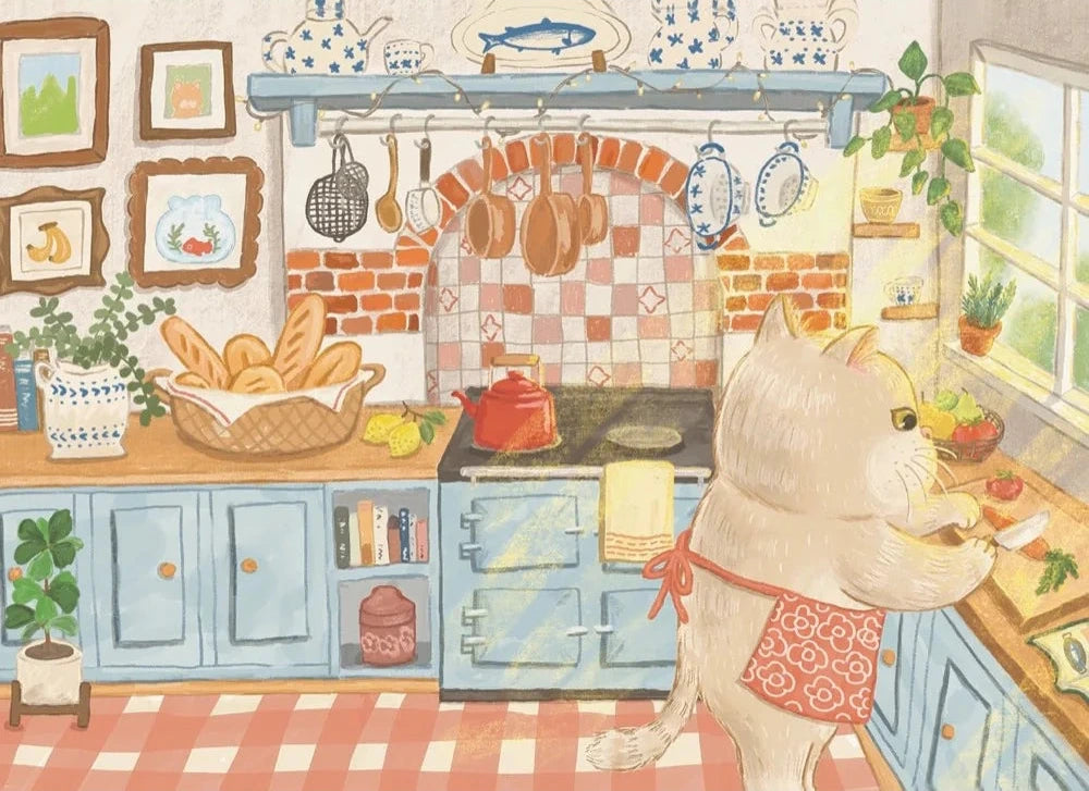 Illustration of a cat in a kitchen with a checkered floor and various kitchen items.