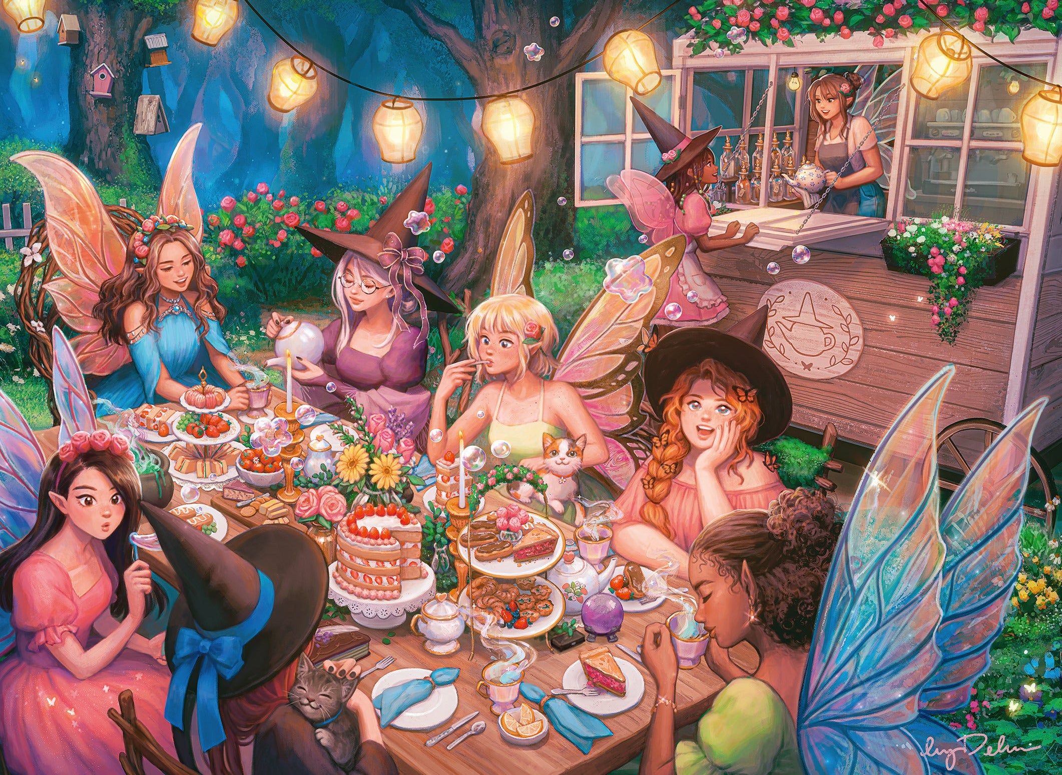 Illustration of fairies gathered around a table for a celebration in a garden setting.