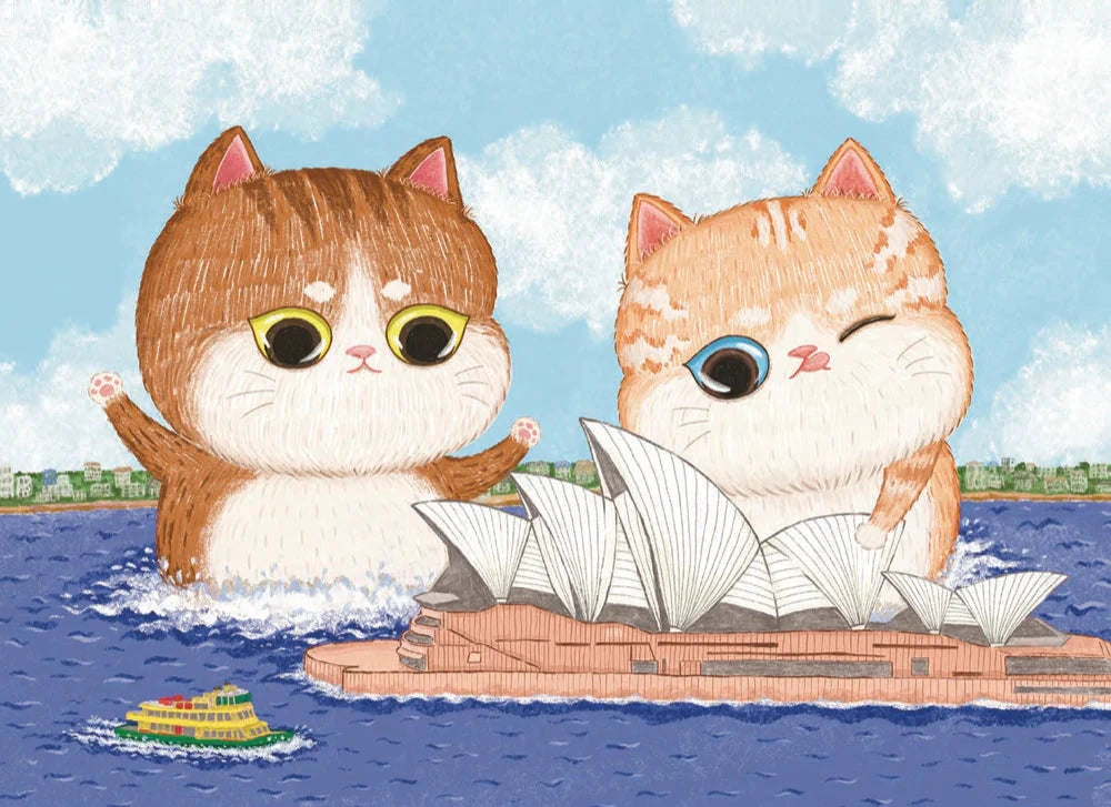 Two illustrated cats with the Sydney Opera House and classic ferry boat.