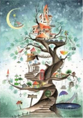 Illustration of a treehouse with houses built on its branches against a starry night sky.
