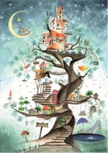 Illustration of a treehouse with houses built on its branches against a starry night sky.